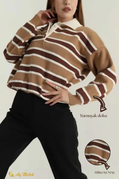 Kadın Triko Kazak Polo Yaka Çizgili Kısa Mevsimlik Kazak - Resim 10