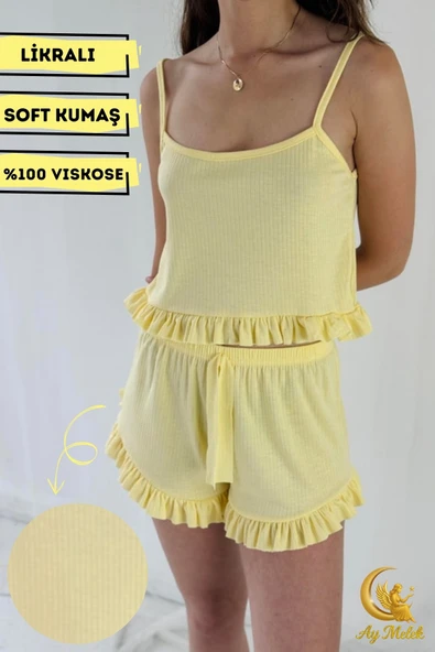 Kadın Crop Askılı Fırfır Detaylı %100 Pamuk Mini Şortlu Pijama Takımı Çeyizlik - Resim 9