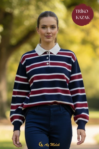 Kadın Triko Kazak Polo Yaka Çizgili Kısa Mevsimlik Kazak - Resim 8