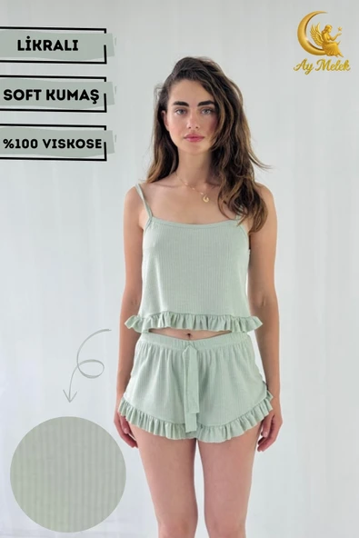 Kadın Crop Askılı Fırfır Detaylı %100 Pamuk Mini Şortlu Pijama Takımı Çeyizlik ürün görseli