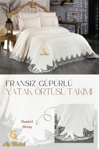 Çift Kişilik Çeyizlik İncili Fransız Güpürlü Battaniyeli Yatak Örtüsü Takımı ürün görseli