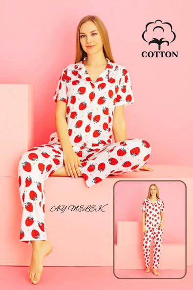 Kadın Pijama Takımı %100 Pamuklu Gömlek ve Pijama Seti - Resim 9