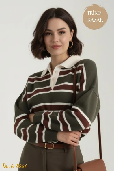 Kadın Triko Kazak Polo Yaka Çizgili Kısa Mevsimlik Kazak ürün görseli