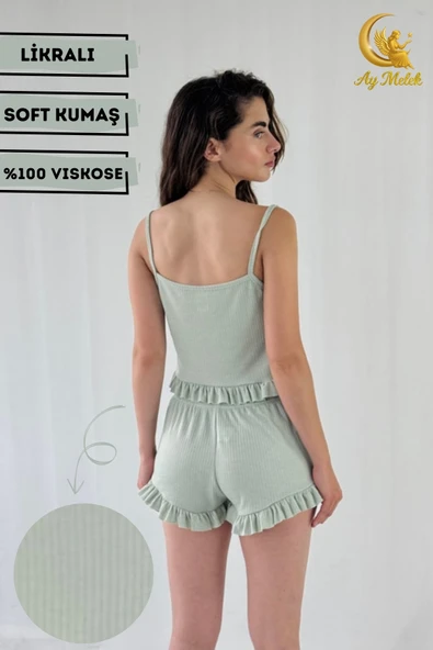 Kadın Crop Askılı Fırfır Detaylı %100 Pamuk Mini Şortlu Pijama Takımı Çeyizlik - Resim 3