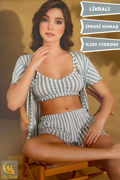 Kadın Crop Askılı Hırkalı %100 Pamuk Mini Şortlu Pijama Takımı Çeyizlik - Resim 2