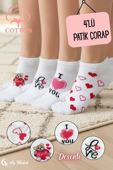 Kadın Kısa Çorap 4 Çift Pamuklu Desenli Görünmez Sneakers Çorap ürün görseli