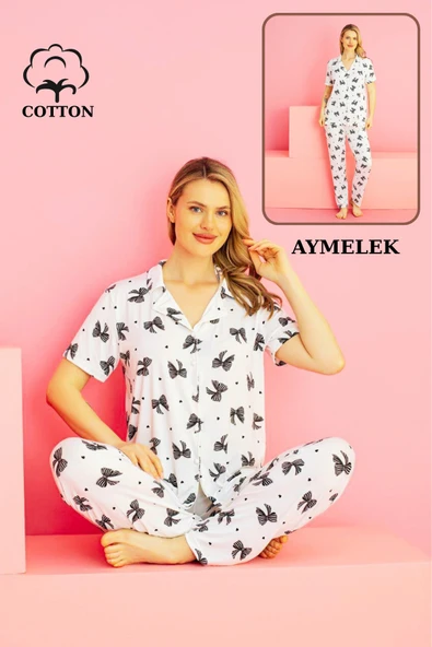 Kadın Pijama Takımı %100 Pamuklu Gömlek ve Pijama Seti - Resim 4