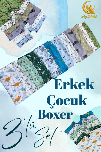 Erkek Çocuk (3`lü Paket) Soft Yıkama Pamuklu Renkli Baskılı Boxer ürün görseli