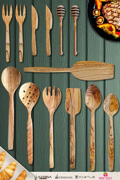 Zeytin Ağacı Ahşap Tahta Kaşık Çatal Bıçak Bal Kaşık Spatula Kevgir Seti Ağaç Kaşık 13 Lü Set ürün görseli 1