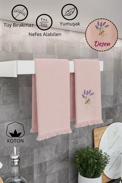 Mutfak ve Banyo Havlusu 2`li %100 Pamuklu Nakışlı El Havlusu - Resim 6