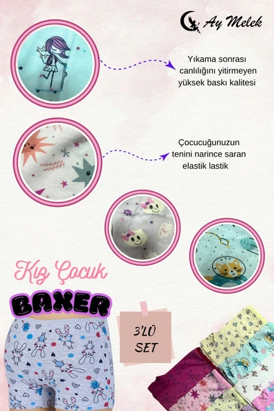 Kız Çocuk (3`lü Paket) Soft Yıkama Pamuklu Renkli Baskılı Boxer - Resim 2