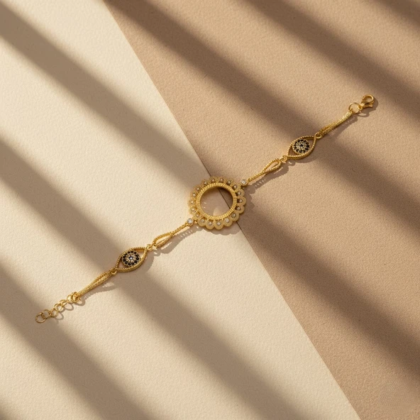 Altın Kaplama İmitasyon Güneş Model Nazar Boncuklu Çeyrek Altınlı Bileklik BLK-1219 - Resim 4