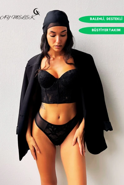 Destekli Simli Bustiyer Takım B Kap Balenli Transparan Tasarım - Resim 9