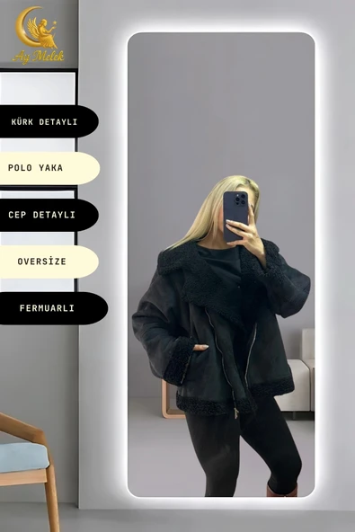 Kadın İçi Peluşlu Kürk Detaylı Fermuarlı Cepli Süet Oversize Mont - Resim 4