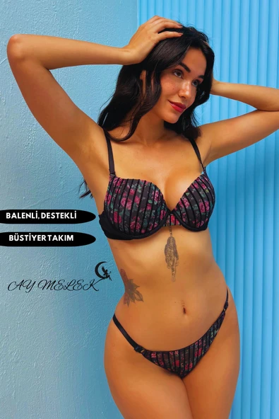 Destekli Simli Sütyen Takım B-Cap Balenli Çiçekli Tasarım - Resim 6