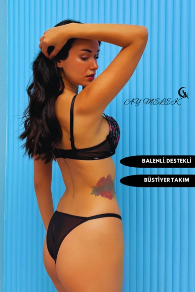 Destekli Simli Sütyen Takım B-Cap Balenli Çiçekli Tasarım - Resim 2