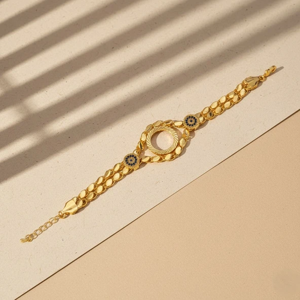 Altın Kaplama İmitasyon Nazar Boncuklu Arpa Model Çeyrek Çerçeveli Bileklik BLK-1222 - Resim 5