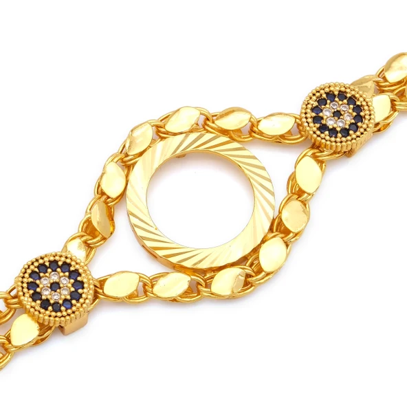 Altın Kaplama İmitasyon Nazar Boncuklu Arpa Model Çeyrek Çerçeveli Bileklik BLK-1222 - Resim 3