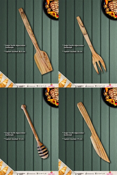 Zeytin Ağacı Ahşap Tahta Kaşık Çatal Bıçak Bal Kaşık Spatula Kevgir Seti Ağaç Kaşık 13 Lü Set - Resim 2