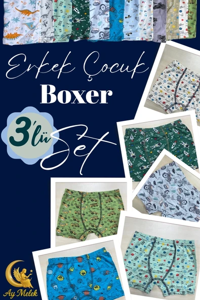 Erkek Çocuk (3`lü Paket) Soft Yıkama Pamuklu Renkli Baskılı Boxer - Resim 4