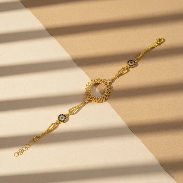 Altın Kaplama İmitasyon Güneş Model Nazar Boncuklu Çeyrek Çerçeveli Bileklik BLK-1218 - Resim 4