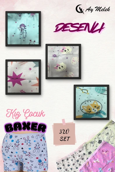 Kız Çocuk (3`lü Paket) Soft Yıkama Pamuklu Renkli Baskılı Boxer - Resim 3
