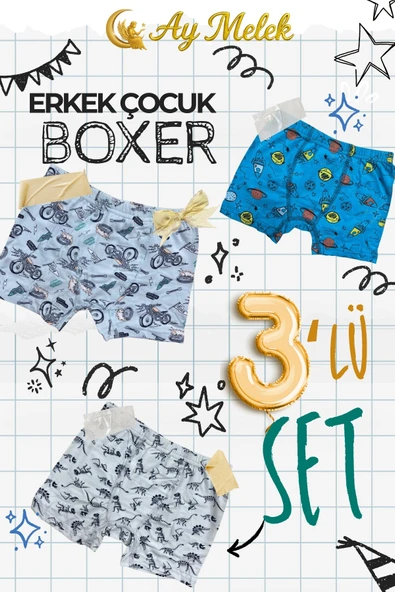 Erkek Çocuk (3`lü Paket) Soft Yıkama Pamuklu Renkli Baskılı Boxer - Resim 5