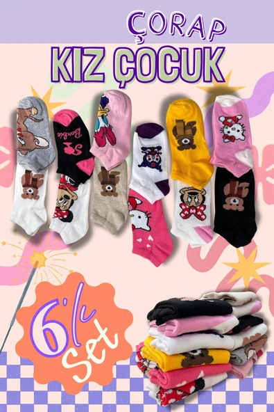 Kız Çocuk 6`lı Paket Desenli Soft Yıkama Pamuklu Patik Çorap - Resim 3