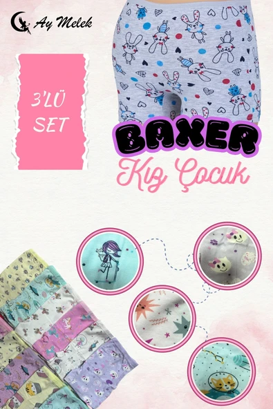 Kız Çocuk (3`lü Paket) Soft Yıkama Pamuklu Renkli Baskılı Boxer ürün görseli