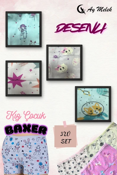 Kız Çocuk (3`lü Paket) Soft Yıkama Pamuklu Renkli Baskılı Boxer - Resim 7