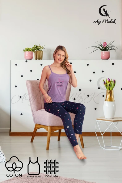 Kadın Pijama Takımı Pamuklu Lüx Askılı Pijama Seti - Resim 12