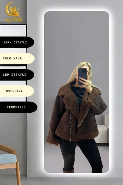 Kadın İçi Peluşlu Kürk Detaylı Fermuarlı Cepli Süet Oversize Mont - Resim 2