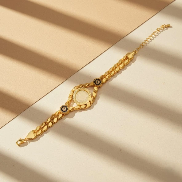 Altın Kaplama İmitasyon Nazar Boncuklu Çeyrek Altınlı Bileklik BLK-1223 - Resim 4