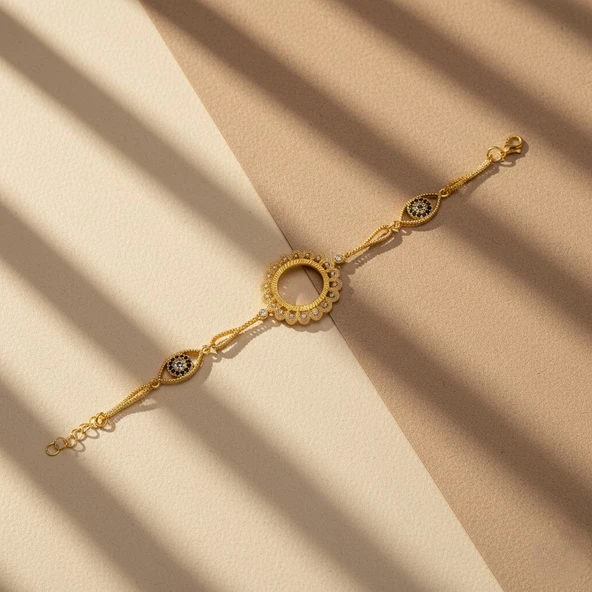 Altın Kaplama İmitasyon Çiçek Model Nazar Boncuklu Çeyrek Altınlı Bileklik BLK-1217 - Resim 4
