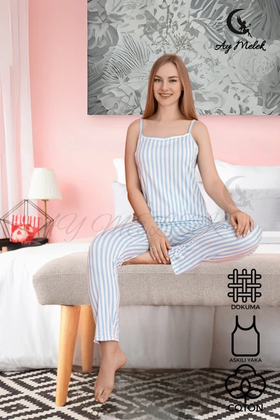 Kadın Pijama Takımı Pamuklu Lüx Askılı Pijama Seti - Resim 6