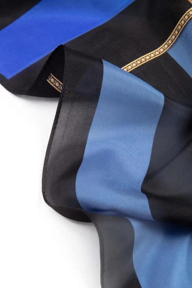 %100 İpek Şerit Ve Varak Desenli Saks - Fuşya Renkli 92x210 Şal - Resim 3