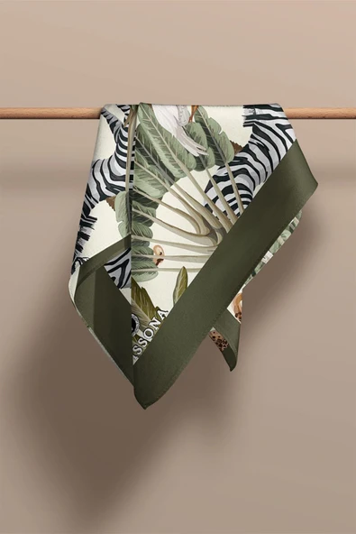 I82 %100 İpek Safari Desenli Kadın Fular - Resim 3