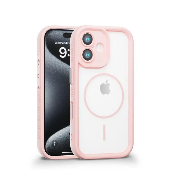 iPhone 16 Uyumlu Kamera Korumalı Magsafe Wireless Şarj Özellikli Mat Silikon Pembe renkli Silikon Telefon Kılıfı ürün görseli