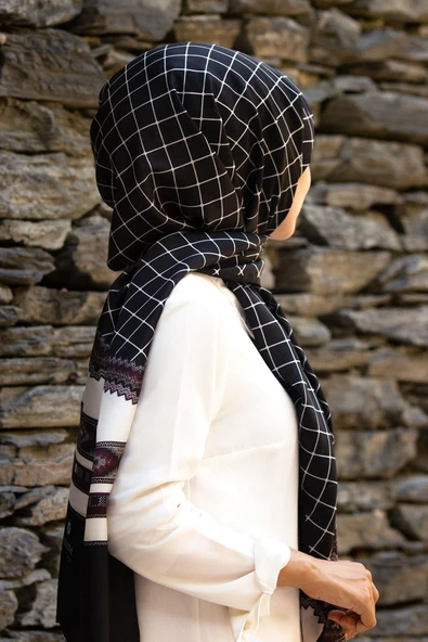 %100 İpek Etnik Desenli Siyah - Beyaz Renkli 92x210 Şal - Resim 2