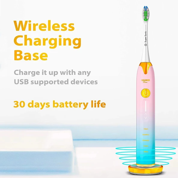 Wagner Stern Basınç Sensörlü Ultrasonik Beyazlatıcı Diş Fırçası - Mavi-Pembe - Resim 4