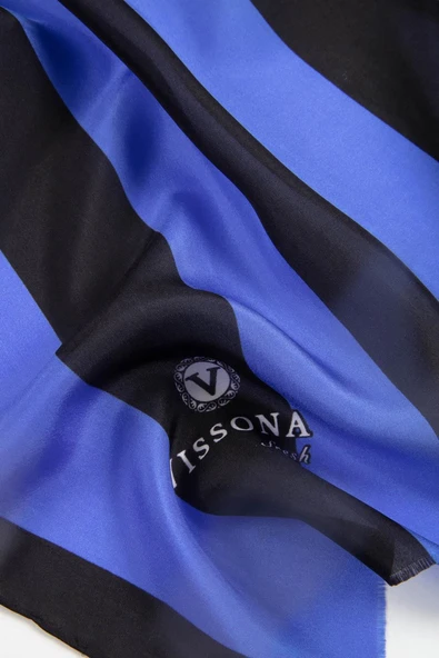 %100 İpek Şerit Ve Varak Desenli Bebe Mavisi - Siyah Renkli 92x210 Şal - Resim 3