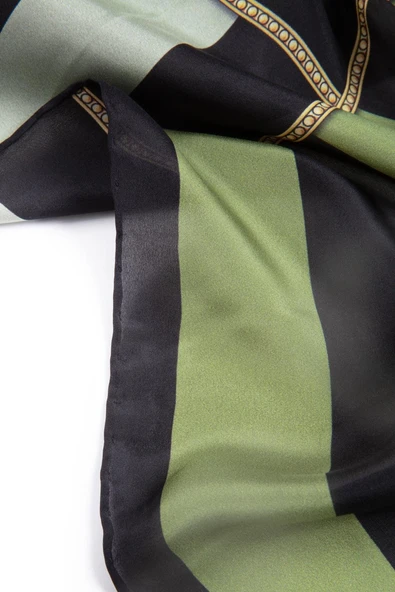 %100 İpek Şerit Ve Varak Desenli Haki - Siyah Renkli 92x210 Şal - Resim 3
