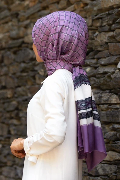 %100 İpek Etnik Desenli Lila - Krem Renkli 92x210 Şal - Resim 2