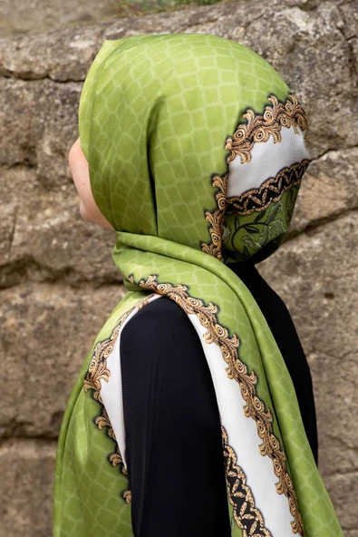 %100 İpek Yaprak Desenli Fıstık Yeşili - Gold Renkli 92x210 Şal - Resim 2