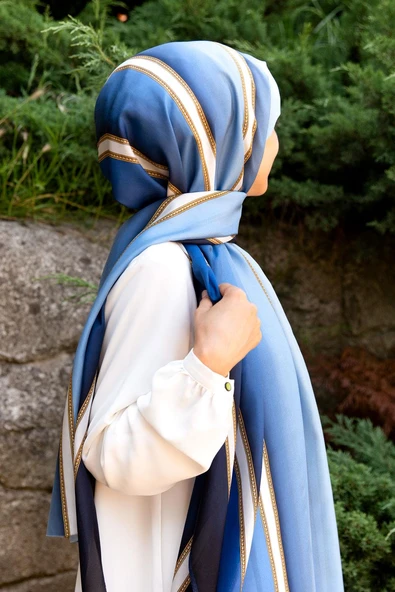 %100 İpek Şerit Desenli Lacivert - Buz Mavisi Renkli 92x210 Şal ürün görseli 1