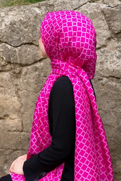 %100 İpek Yaprak Desenli Fuşya - Gold Renkli 92x210 Şal ürün görseli 1