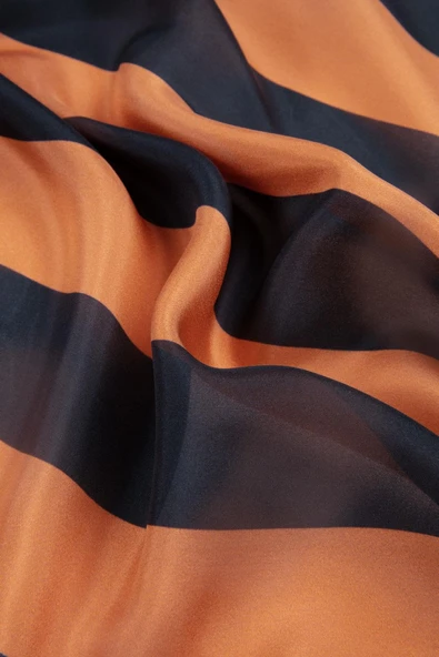 %100 İpek Şerit Ve Varak Desenli Taba - Haki Renkli 92x210 Şal - Resim 3