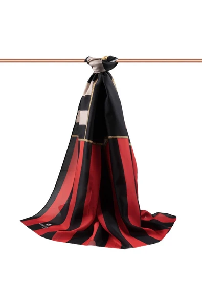 %100 İpek Şerit Ve Varak Desenli Kırmızı - Siyah Renkli 92x210 Şal - Resim 2