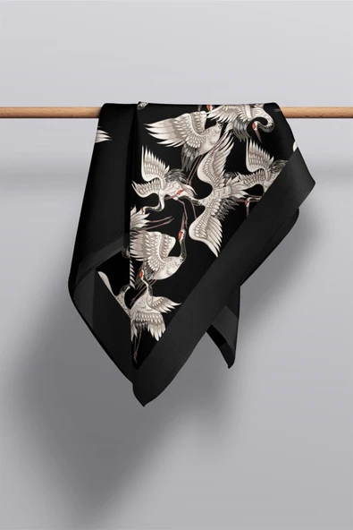 I76 %100 İpek Leylek Desenli Kadın Fular - Resim 4