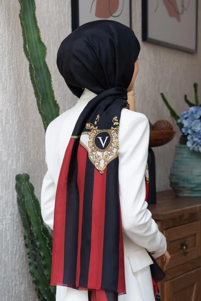 %100 İpek Şerit Ve Varak Desenli Kırmızı - Siyah Renkli 92x210 Şal ürün görseli